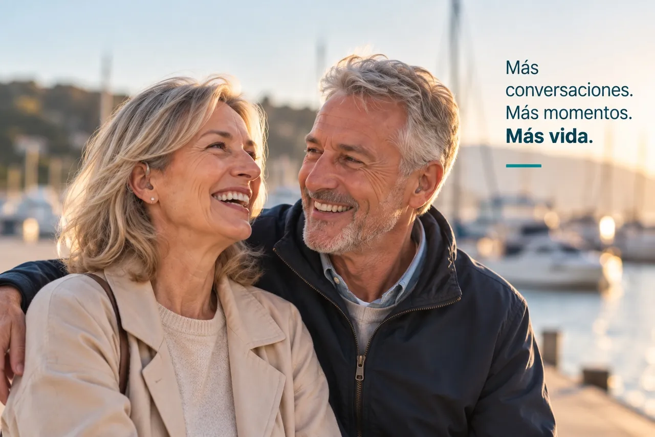 Pareja mayor conversando y sonriendo junto al mar